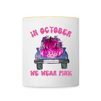 In October We Wear Pink Halloween , Breast Cancer - Contrasting Mug - white/yellow - Front