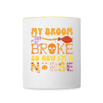 Mein Besen ist kaputt gegangen, also bin ich jetzt eine Krankenschwester, Halloween - Tasse zweifarbig - Weiß/Gelb - Vorne