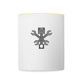 He Who Is Without Oil Shall Throw The First Rod - Contrasting Mug - white/yellow - Front