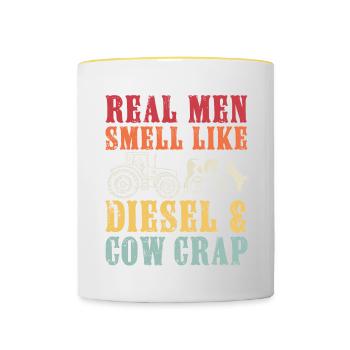 Echte Männer riechen nach Diesel und Kuhmist, lustig - Tasse zweifarbig - Weiß/Gelb - Vorne