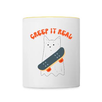 Creep it real, lustige Geisterkatze, Halloween Kostüm - Tasse zweifarbig - Weiß/Gelb - Vorne