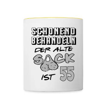 Geburtstag 55 Schonend behandeln Alter Sack ist - Tasse zweifarbig - Weiß/Gelb - Vorne