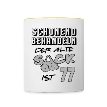 Geburtstag 77 Schonend behandeln Alter Sack ist - Tasse zweifarbig - Weiß/Gelb - Vorne