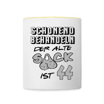 Geburtstag 44 Schonend behandeln Alter Sack ist - Tasse zweifarbig - Weiß/Gelb - Vorne