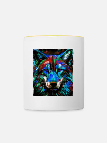 Wolf Porträt - Tasse zweifarbig - Weiß/Gelb