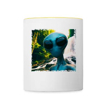 Alien Selfie - Neben dem Wasserfall - Tasse zweifarbig - Weiß/Gelb - Vorne