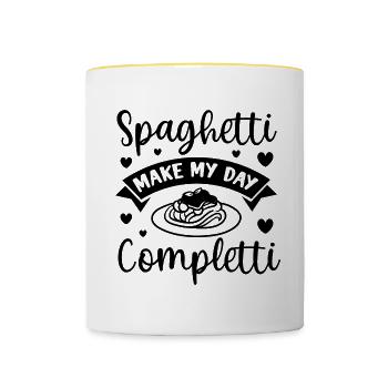 Zitat „Spaghetti Make Me Completti Ironic Pasta“ - Tasse zweifarbig - Weiß/Gelb - Vorne