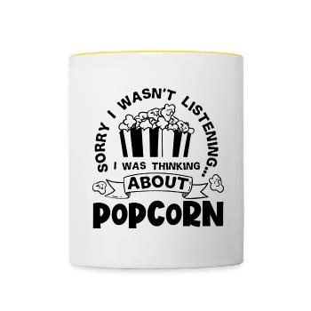 Lustiges Zitat „Denken über Popcorn“ - Tasse zweifarbig - Weiß/Gelb - Vorne