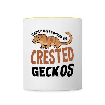 Distracted by Crested Geckos Exotic Animal Lizards - Contrasting Mug - white/yellow - Front