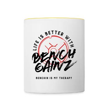 Life With Bench Gainz Ironisches Fitness-Zitat, - Tasse zweifarbig - Weiß/Gelb - Vorne