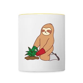 Sloth Gardening Lazy Tired Sleeping Gardener - Contrasting Mug - white/yellow - Front