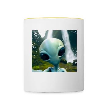 Alien Selfie - Neben dem Wasserfall - Tasse zweifarbig - Weiß/Gelb - Vorne