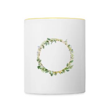 Eucalyptus wreath with small wreath Flowers, customisable - Contrasting Mug - white/yellow - Front