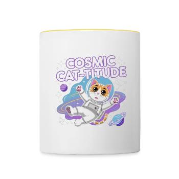 Cosmic Cat-titude – Intergalaktische Katzenpower - Tasse zweifarbig - Weiß/Gelb - Vorne