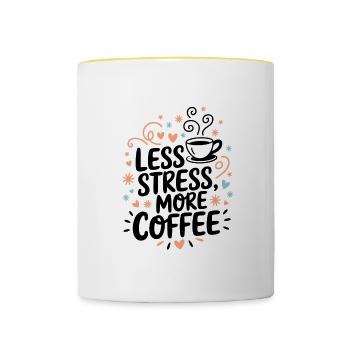 Moins de stress, plus de café – le dicton du café - Mug contrasté - blanc/jaune - Devant