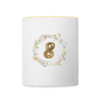 Numéro 8, paillettes, couronne boho, personnalisable - Mug contrasté - blanc/jaune - Devant