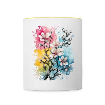 Mandelblütenzauber in Pastell-Aquarell - Tasse zweifarbig - Weiß/Gelb - Vorne