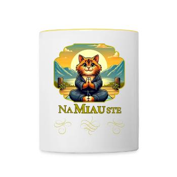 Katze grüßt mit Namaste - süßes Indien Motiv - Tasse zweifarbig - Weiß/Gelb - Vorne
