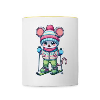 Cute Skier Mouse - Tasse zweifarbig - Weiß/Gelb - Vorne