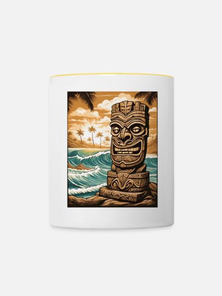 Tiki Statue am Strand - Tasse zweifarbig - Weiß/Gelb