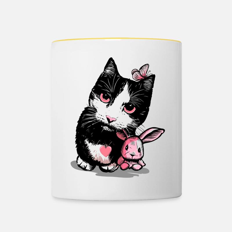 Chat avec lapin en peluche et papillon - Mug contrasté - blanc/jaune