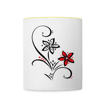 Ornament mit kleinen Blüten - Tasse zweifarbig - Weiß/Gelb - Vorne