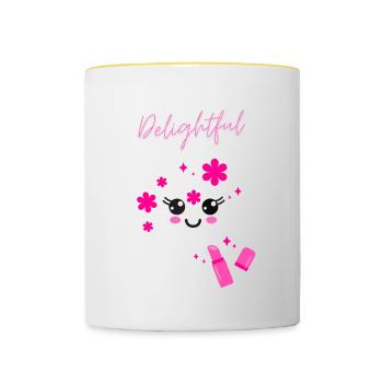 Délicieux avec un joli rouge à lèvres kawaii pour le visage - Mug contrasté - blanc/jaune - Devant