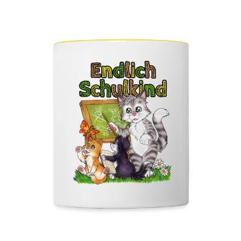 Endlich Schulkind süße Katze Schule Einschulung - Tasse zweifarbig - Weiß/Gelb - Vorne