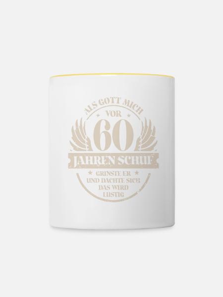 Als Gott mich vor 60 Jahren schuf grinste er - Tasse zweifarbig - Weiß/Gelb