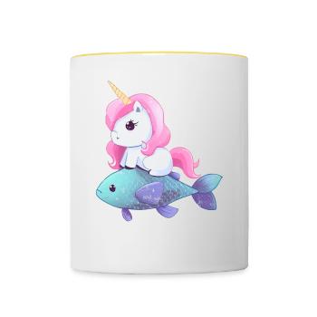 Einhorn reitet auf Fisch - Tasse zweifarbig - Weiß/Gelb - Vorne