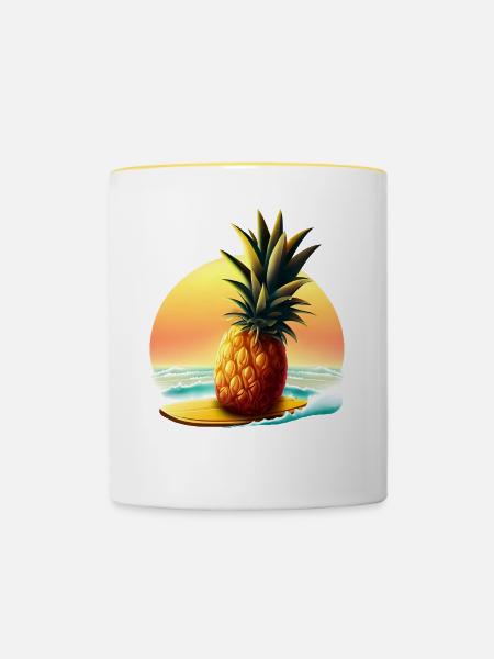 Surfeur d’ananas au coucher du soleil - Mug contrasté - blanc/jaune