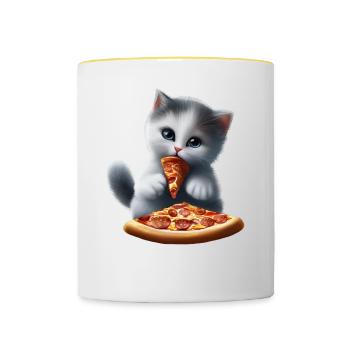 Cat eats pizza - Contrasting Mug - white/yellow - Front