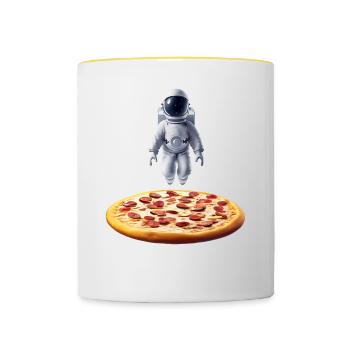 Hovering astronaut over pizza - Contrasting Mug - white/yellow - Front