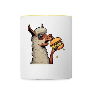 Lama mangeur de cheeseburger - Mug contrasté - blanc/jaune - Devant