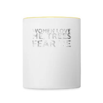 Woman loves me Trees fear me for carpenters - Contrasting Mug - white/yellow - Front
