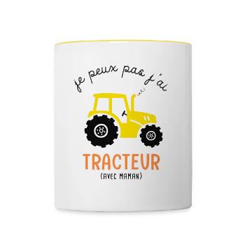 Je peux pas j ai tracteur avec maman humour enfant - Mug contrasté - blanc/jaune - Devant