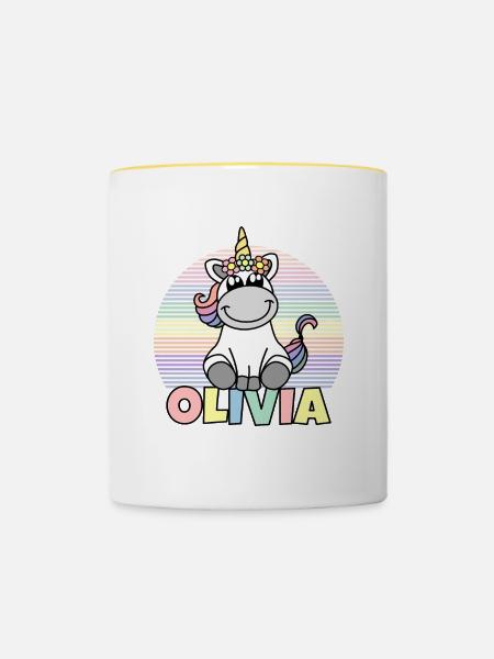 Nom de la licorne Olivia - Mug contrasté - blanc/jaune