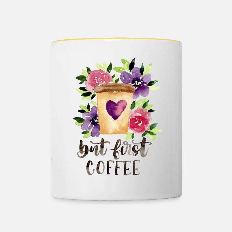But first COFFEE - Kaffeebecher mit Blumen - Tasse zweifarbig - Weiß/Gelb