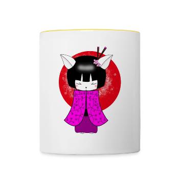 Kokeshi Cat art japonais geisha - Mug contrasté - blanc/jaune - Devant