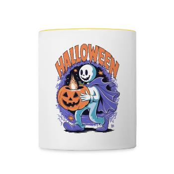 Sourire d’Halloween avec fantôme et citrouille - Mug contrasté - blanc/jaune - Devant