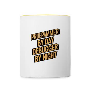Programmer by Day, Debugger by Night - Tasse zweifarbig - Weiß/Gelb - Vorne