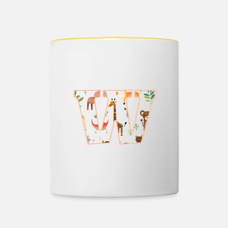 Buchstabe W, Monogramm, Tiermuster - Tasse zweifarbig - Weiß/Gelb