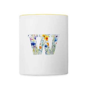 Letter W, Monogram, Floral Pattern - Contrasting Mug - white/yellow - Front