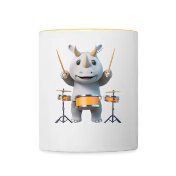 Drum-playing rhinoceros - Contrasting Mug - white/yellow - Front
