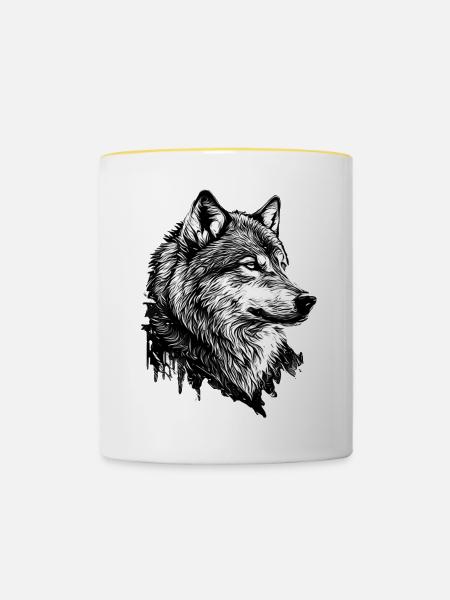 Monochromer Wolf Linienkunst - Tasse zweifarbig - Weiß/Gelb