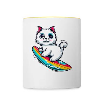 White cat on colorful surfboard - Contrasting Mug - white/yellow - Front
