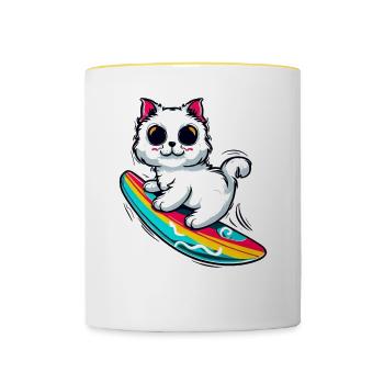 White cat on colorful surfboard - Contrasting Mug - white/yellow - Front