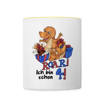 "Roar ich bin schon 4" Dino zum Geburtstag - Tasse zweifarbig - Weiß/Gelb - Vorne