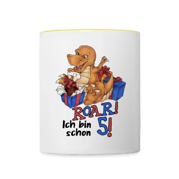 "Roar ich bin schon 5" Dino zum Geburtstag - Tasse zweifarbig - Weiß/Gelb - Vorne