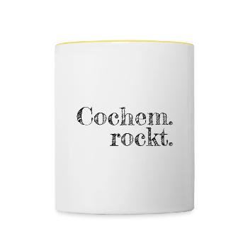 Cochem rockt - Textdesign mit Stadtnamen - Tasse zweifarbig - Weiß/Gelb - Vorne